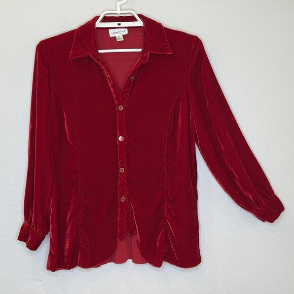 Coldwater Creek Tops - Coldwater Creek Velvet Top Womens Size Large Petite Red Button Front Long Sleeve
